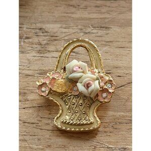 Vintage Gold Tone Basket Pin W/ Porcelain Roses & Pink Rhinestones Brooch In Gif